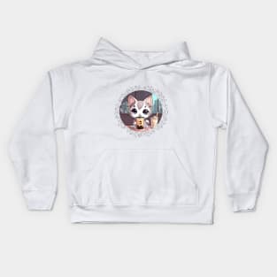 Cute grey and white cartoon cat drinking Boba Kids Hoodie